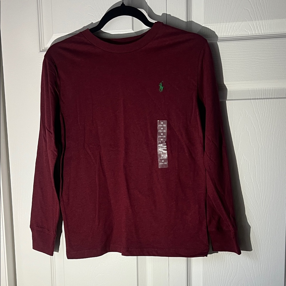 Boys Polo Burgundy Long Sleeve Shirt with Green Logo